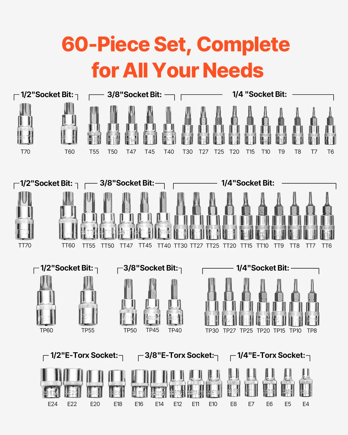 SucceBuy Torx Bit Socket and External Torx Socket Set 60-Piece T6-T70 TT6-TT70 TP8-TP60 E4-E24 S2 Alloy Steel and Cr-V Steel