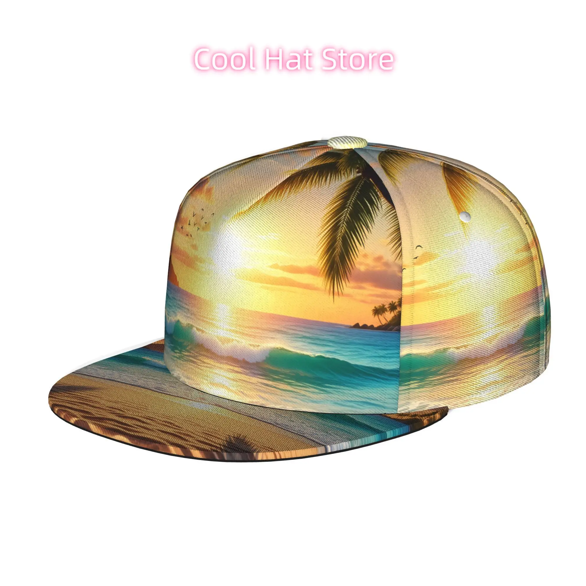 Tropical Beach Sunset, Men Women Unisex Flat Brim Baseball Cap, Hip Hop Streetwear Snapback Trucker Hat for Skateboarding Dance