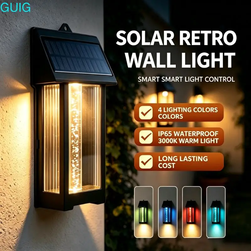 Solar Retro Wall Light Outdoor Garden Lamp 4 Color Changing Solar Powered Wall Sconce Auto Light Control Yard Porch Decor Light