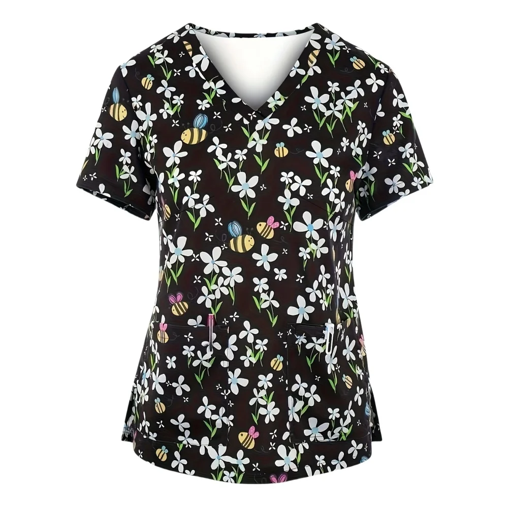 Clinical Uniform Woman Cute Cartoon Print Cute Cartoon Print Dental Medico Tops V-Neck Short Sleeve Tees Surgical Uniform Woman