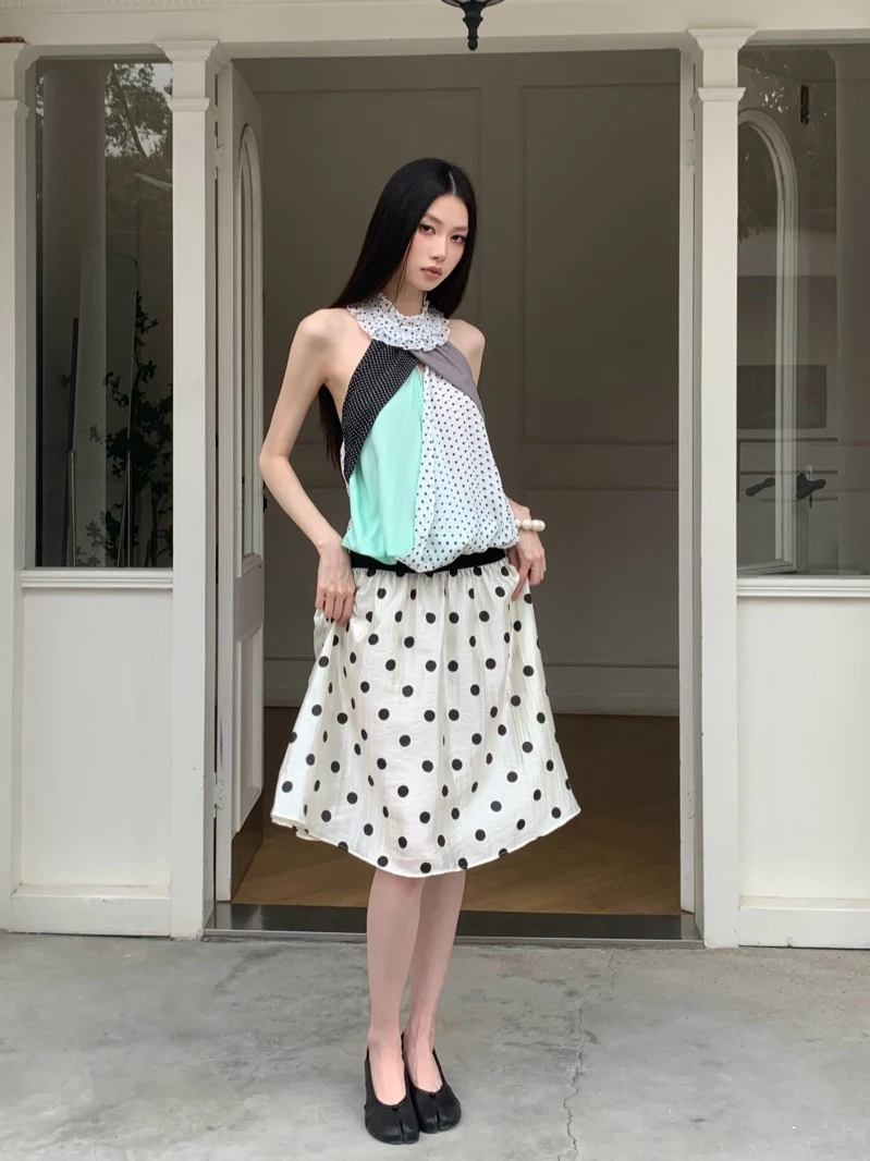 

Versatile Half-length Skirt Retro Patchwork Satin Rayon Polka Dot Elastic Waist Umbrella Skirt for All Occasions Midi Skirt