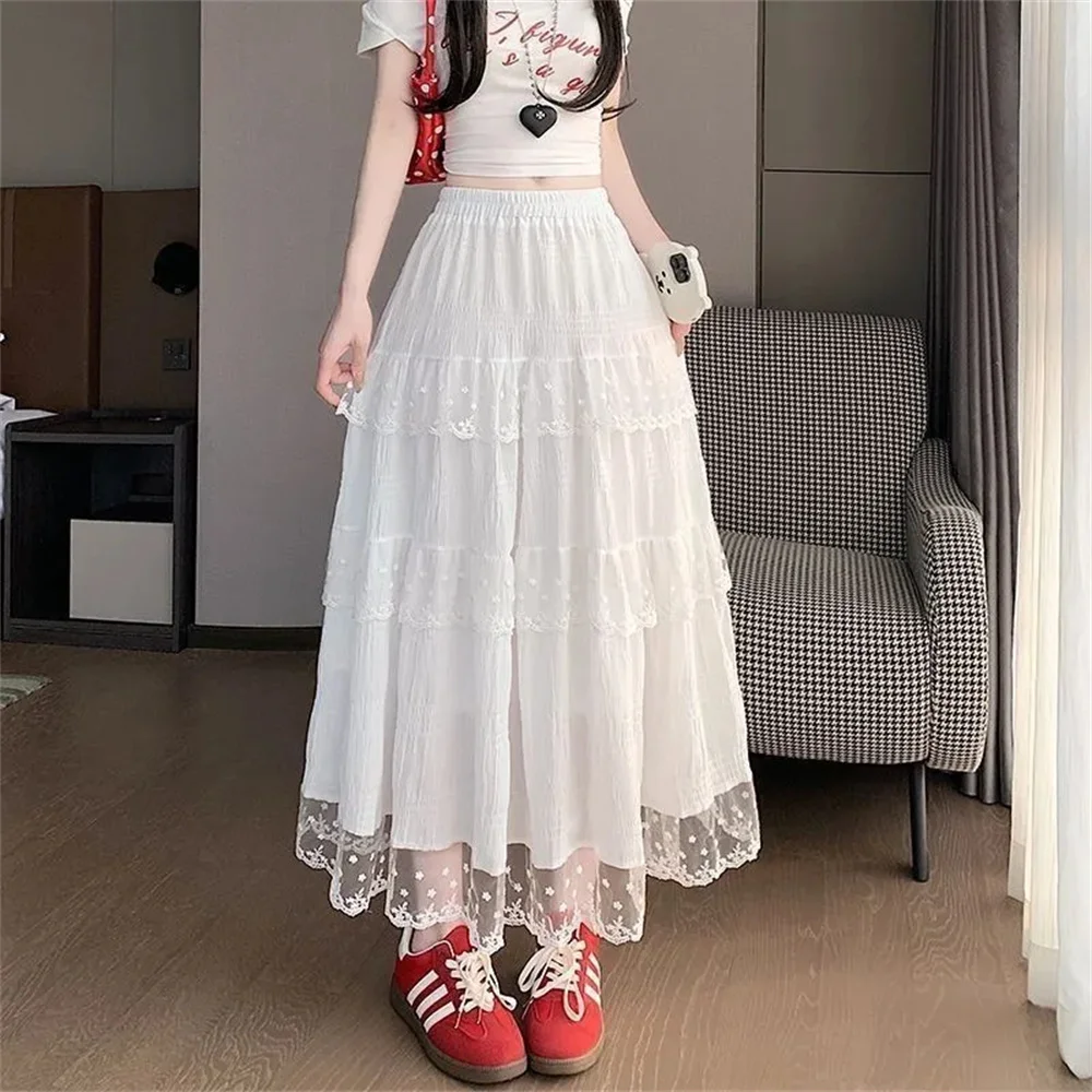 High Waist Lace Half Skirt Women'S Cake Style Mid-Length Gown Fresh Sweet Lining Net Material Casual Dance Korean Pleated Skirt