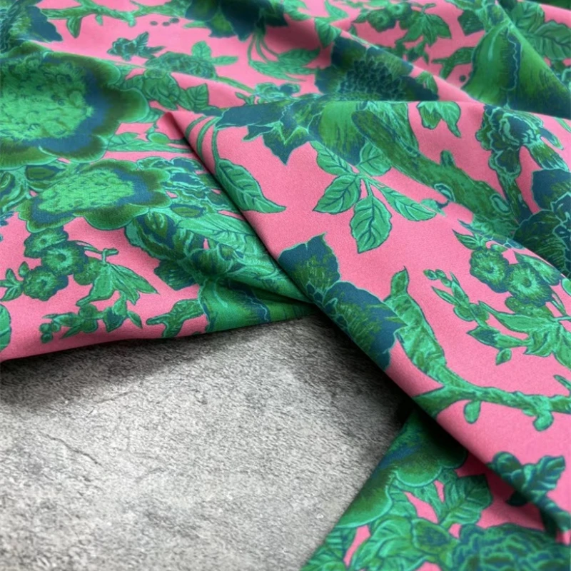 European Brand Beautiful Rose Red Bottom Green Floral Silk Stretch Crepe De Chine Fabric Material Summer Dress Shirt Silk Fabric