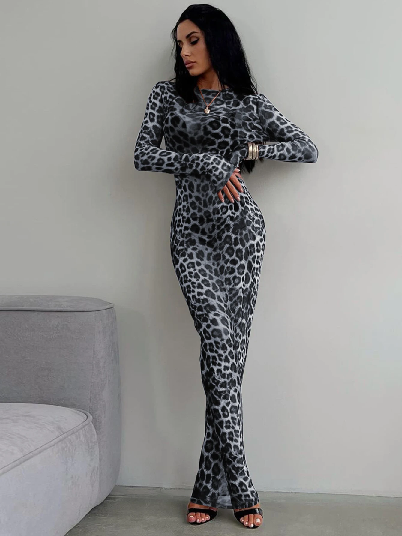 Hugcitar Leopard Print Mesh Long Sleeve Sexy Slim  See Through Maxi Dress Fall Women Fashion Outfits Beach Vacation Club