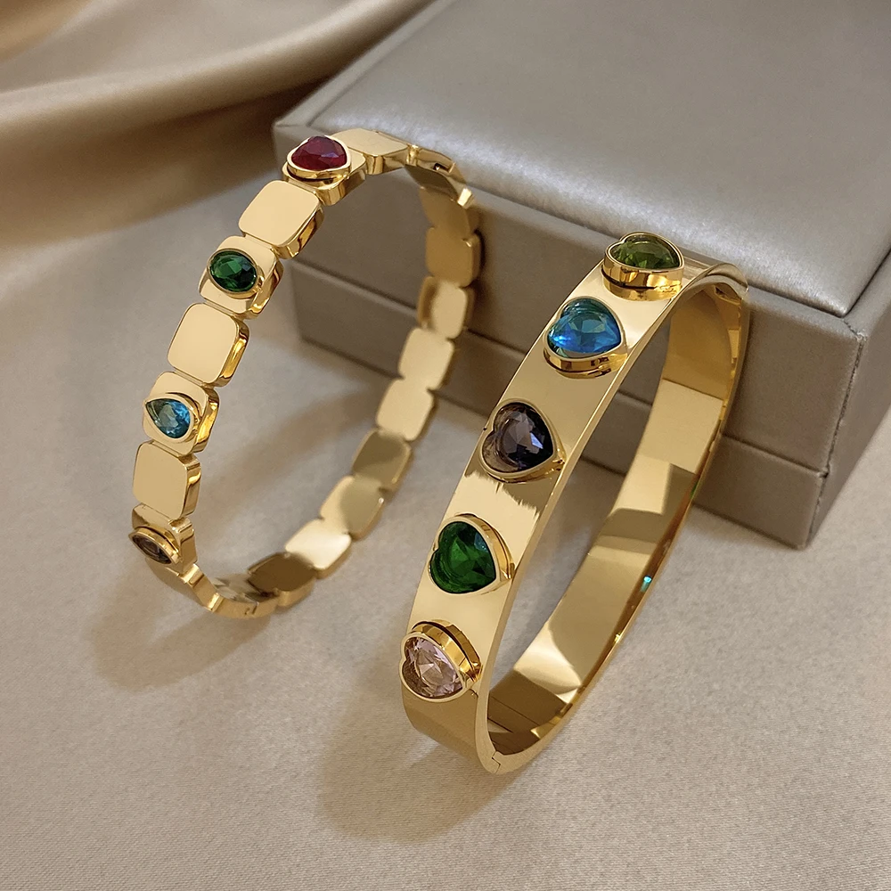 Greatera الملونة الهندسة حجر الراين مطعمة على شكل قلب الفولاذ المقاوم للصدأ سوار مطلي الذهب الفاخرة الكفة الإسورة مجوهرات هدايا