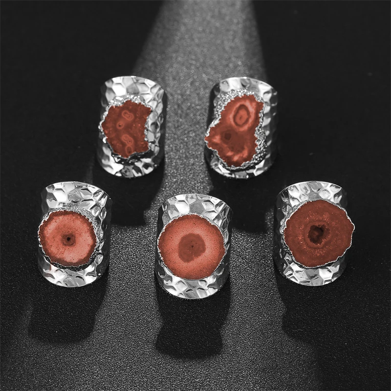 Irregular Sunflower Agate Slices Druzy Stone Open Ring for Women Handmade Boho Resizable Finger Jewelry Silver Color