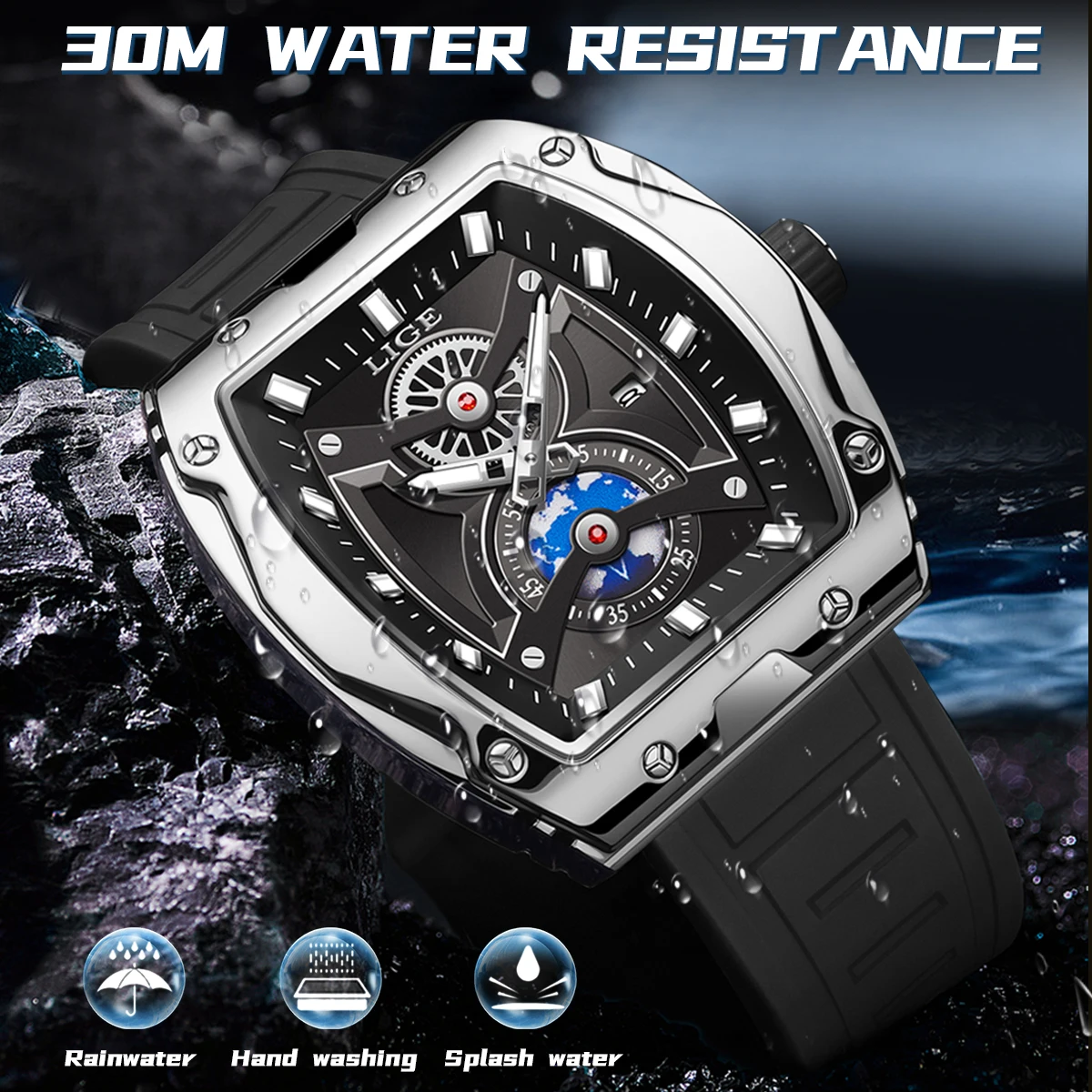 LIGE Square Men\'s Wrist Watches Blue Planet Creative Earth Automatic Mens Quartz Watch Luminous Waterproof Sports Male Clock