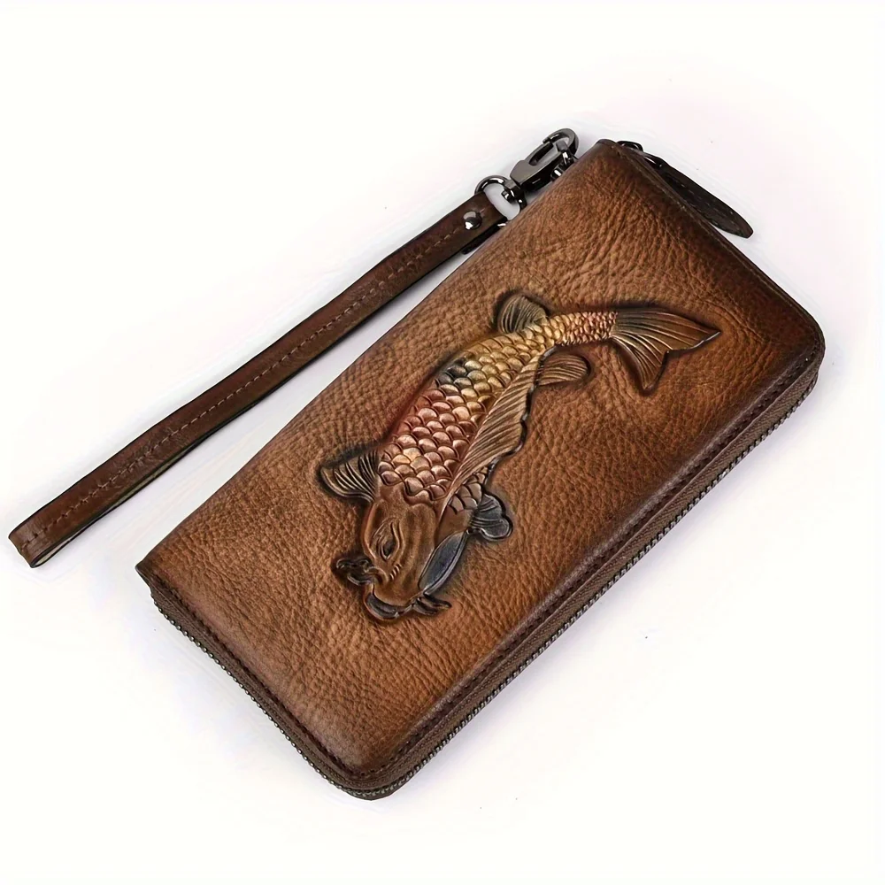 Vintage Style Fish Pattern Long Clutch Wallet, Zipper Around Coin Purse, Classic Textured Large Capacity Credit Card Holder