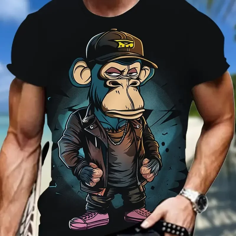 Fashoin Short Sleeve T-shirt For Men Loose Fit Monkey Graphic Pullover Men Tshirts High Elastic Casual 3D Printed Men's Clothing