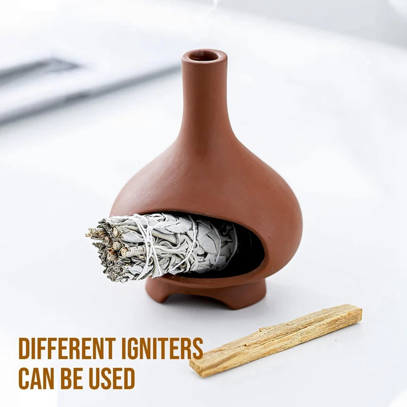 مبخرة مصنوعة يدويًا من السيراميك مبخرة مدخنة طبق لطخة وعاء للعصي المريمية مع فرشاة