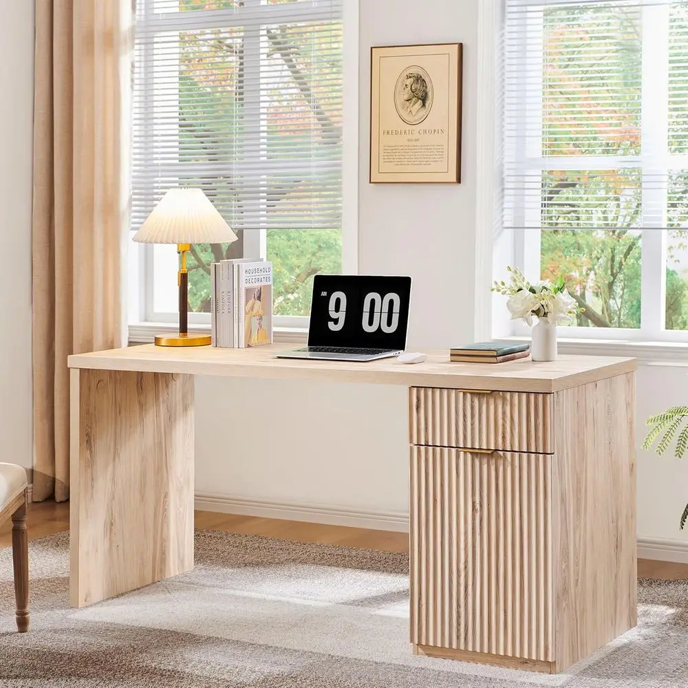 

60" Modern Executive Desk with Storage, Wood Home Office Desk with Drawer & Cabinet, Fluted Computer Writing Desk for Study, Liv