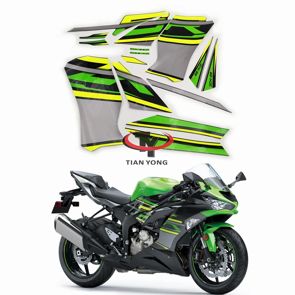 Green Yellow Gray Striped Prints Silkscreen Applique For ZX6R ZX 6R 636 2019-2020-2021-2022-2023 Decal Sticker Full Fairing Kit