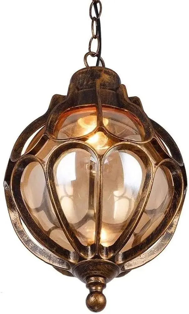 

Vintage Outdoor Pendant Light with Spherical Glass Shade, Bronze Aluminum Fixture for Porch, Gazebo, Entryway