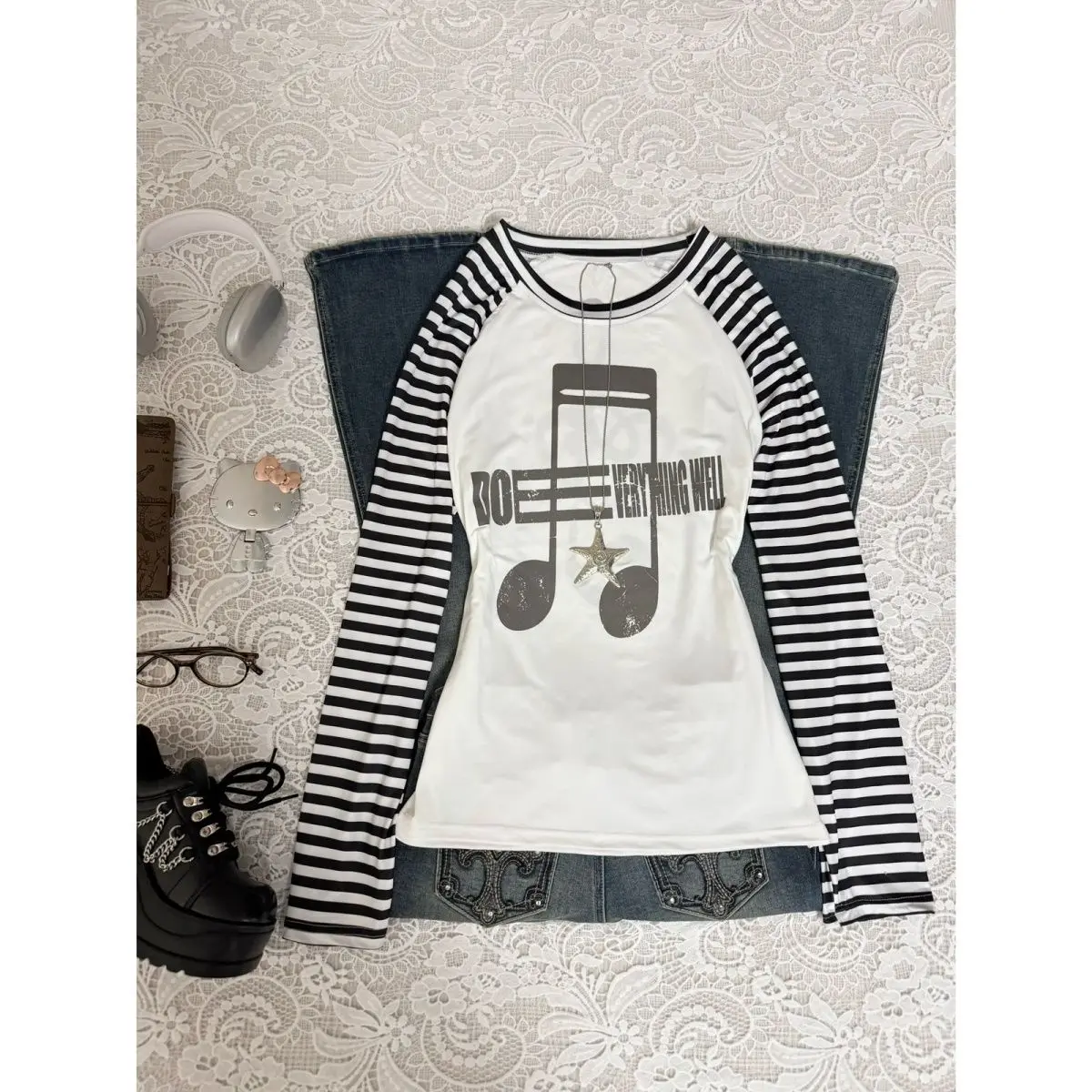 American Vintage Y2K Street Style T Shirt Women's O-Neck Long Sleeve Music Note Printed Punk Top Subculture Casual Striped Shirt