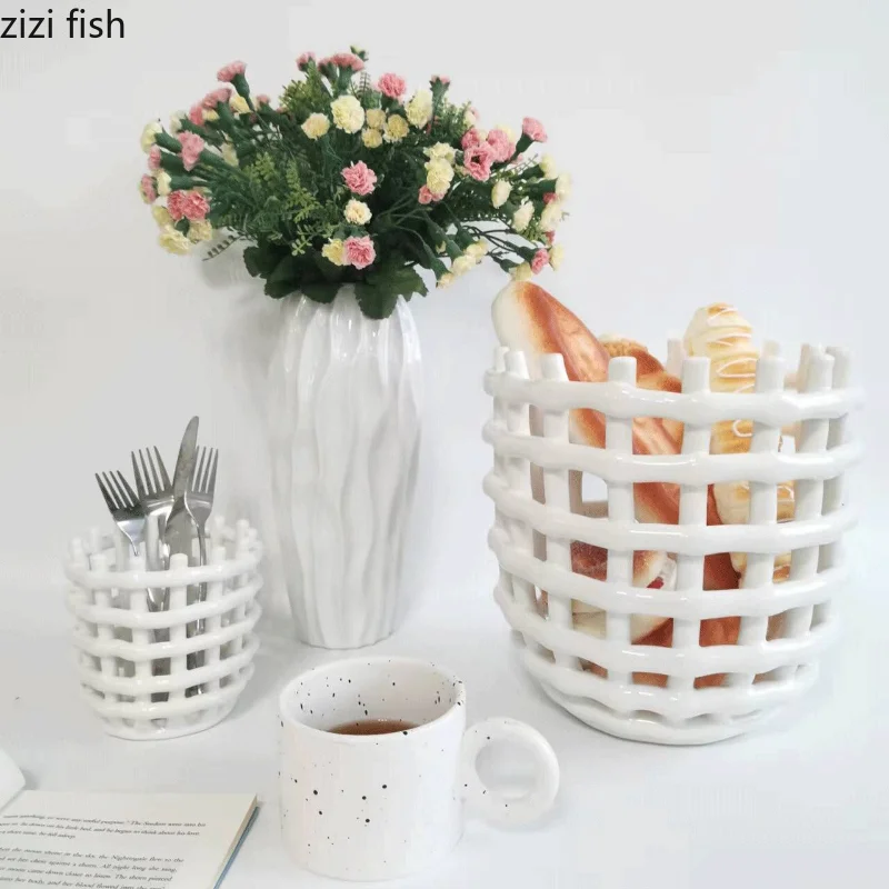 Ceramic Hand-woven Basket Fruit Plate Snack Box Candy Plate Organize Trays Storage Jar Organizer Storage Tube Storage Basket