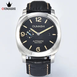 OUMASHI 44mm Watch ST2555 Automatic Movement Stainless Steel Men's Mechanical Watch Mineral High-Strength Glass Leather Strap