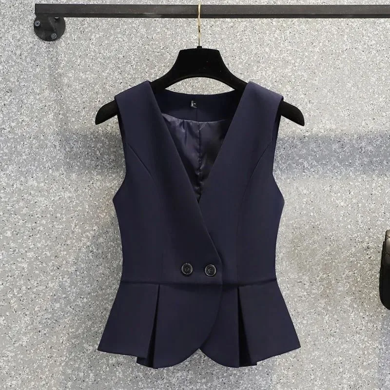 Spring Office Suit Vest Jacket Women Two Button Camisole Vest Coat Design Irregular Hem Pleat Tank Top Versatile