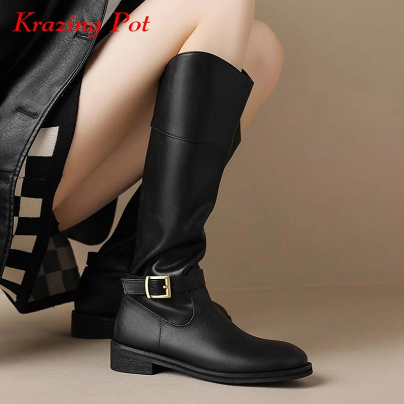 

Krazing Pot Cow Leather Round Toe Med Heels Equestrian Boots Winter Metal Buckle British School England Style Thigh High Boots