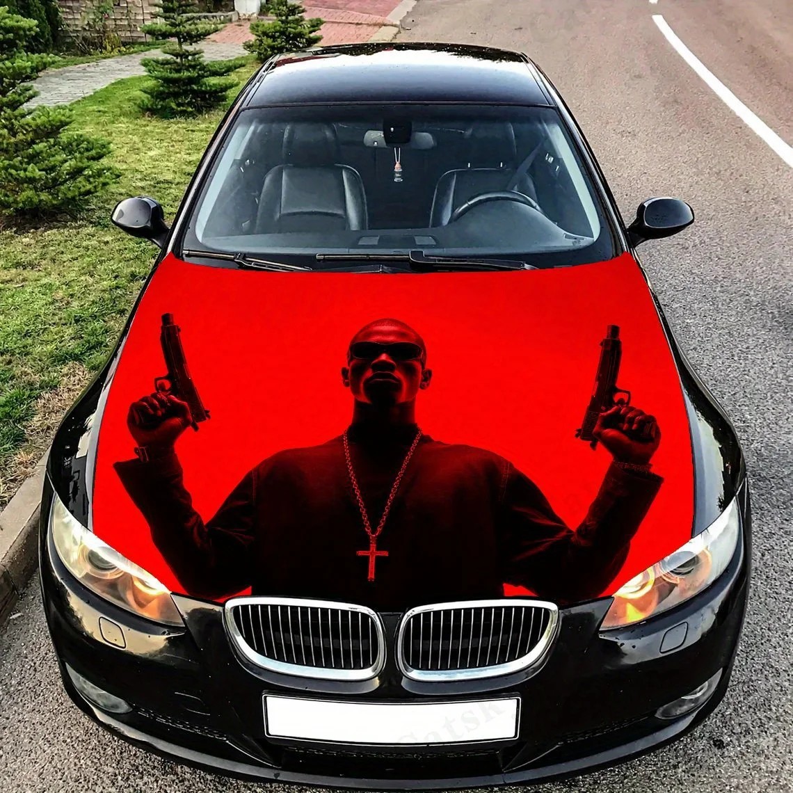 

Figure with Two Guns Car Vinyl Wraps - Suitable For Most Engine Hood,Bubble-free Design,Waterproof,Cleanable And Convenient Dura