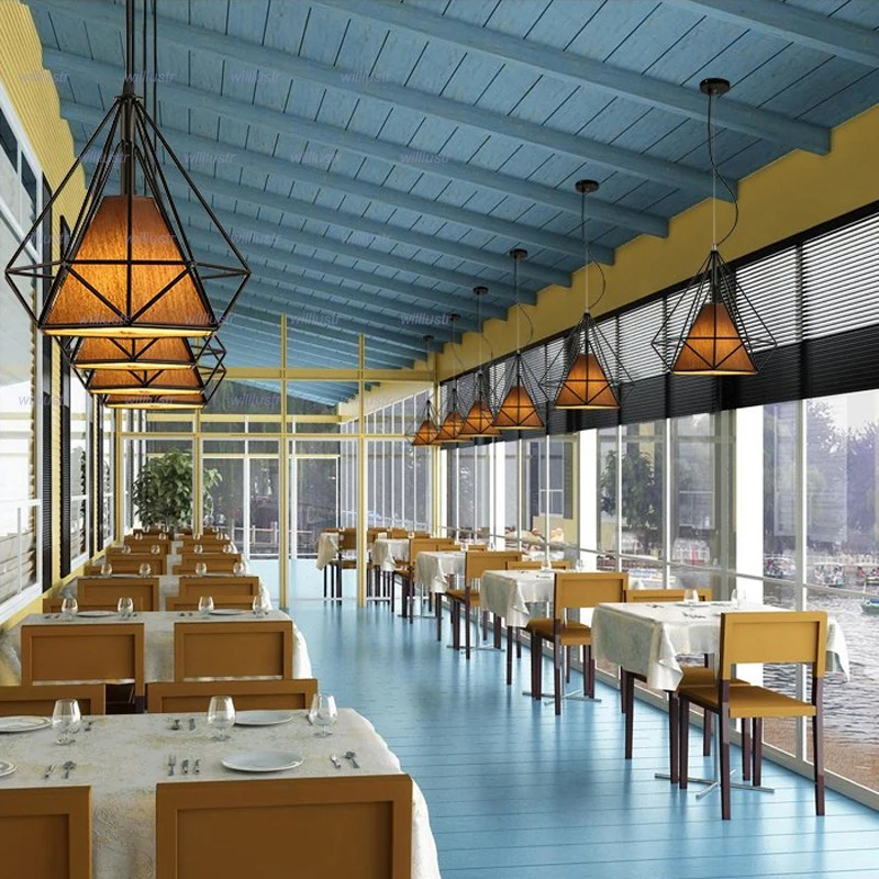 Wrought Iron Pendant Light Metal Frame Fabric Ceiling Chandelier Dinning Room Bar Cafe Diamond Shape Suspension Hanging Lamp