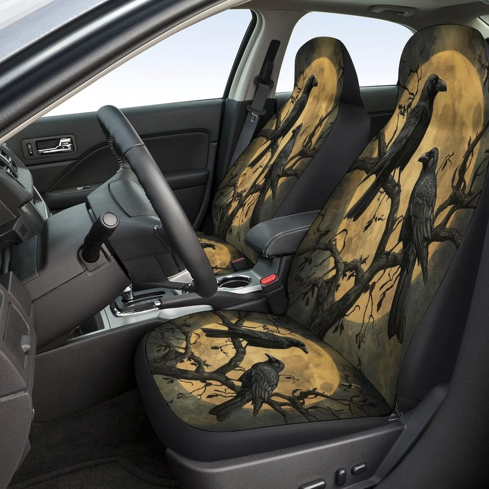 Ravens In Moonlight Themed Car Seat Cover Set For Most Cars, Fashion Personalized Novelty Car Seat Protector Covers Full Set, Un
