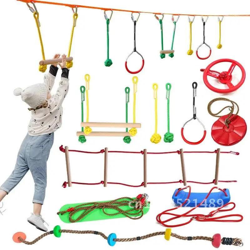 Ninja Tree Swing Toys Warrior Obstacle Course for Kids with Pulley Kit with Accessories Monkey Bars Gym Rings Climbing Ladder