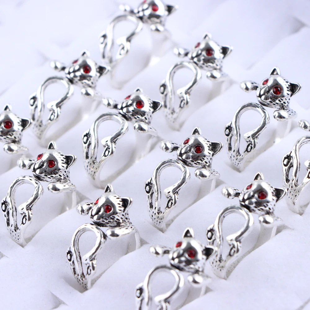 10Pcs/Lot Vintage Cute Animal Cat Opening Women Ring Fashion Simple  Blue Rhinestone Eyes Dog Adjustable Jewelry Accessories