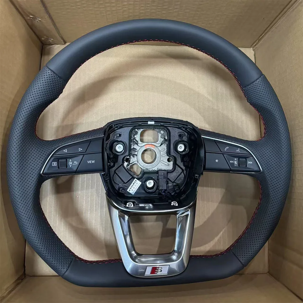 

For Audi Q5 Flat-bottom Punched Leather Red Stitching Steering Wheel With Key Button S/RS Logo Assembly