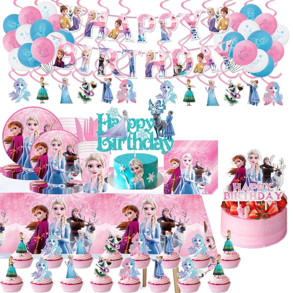 Disney Pink Frozen Queen Elsa Anna Birthday Party Decorations Baby Shower Tableware Cups Plates Foil Balloon Banner Supplies