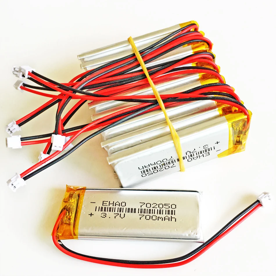 

10 PCS 3.7V 700mAh JST 1.5mm 2Pin Lithium Polymer LiPo Rechargeable Battery 702050 For Mp3 Headphone PAD DVD Bluetooth Camera