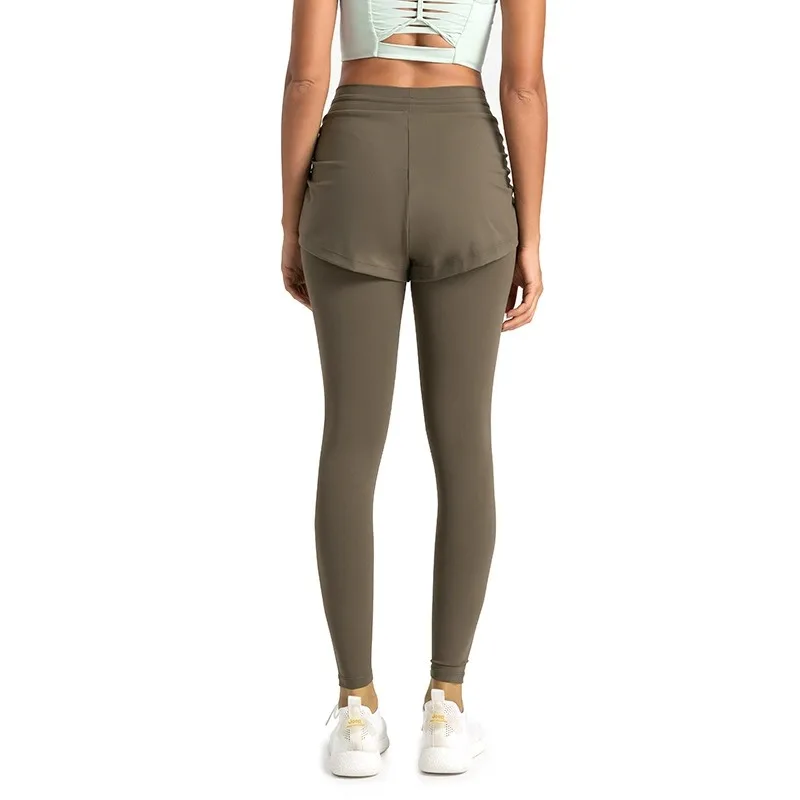 2025年秋 レディース ハイウエスト ヨガパンツ ヒップアップ フェイクツーピース レギンス スリムフィット 伸縮性 ジム ランニング トレーニング スポーツパンツ