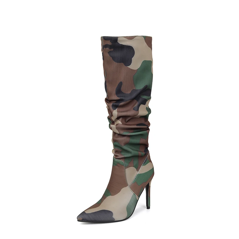 

Women's Slouch Boots Knee High Camouflage Stretch Tall Boots Sexy Pleated Stiletto Heeled Shoes Pointed Toe 2024 Fall Winter New