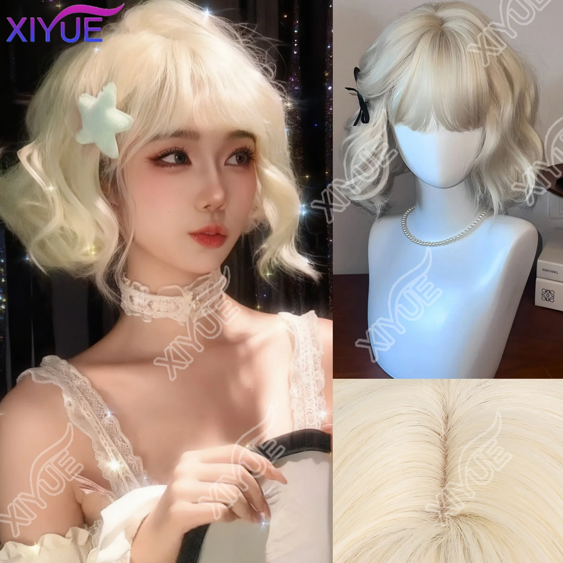 

XY Блондинка BOBO Синтетические парики Короткие натуральные волнистые волосы Парик для женщин Вечерние Ежедневные термостойкие с челкой Platium Golden Lolita