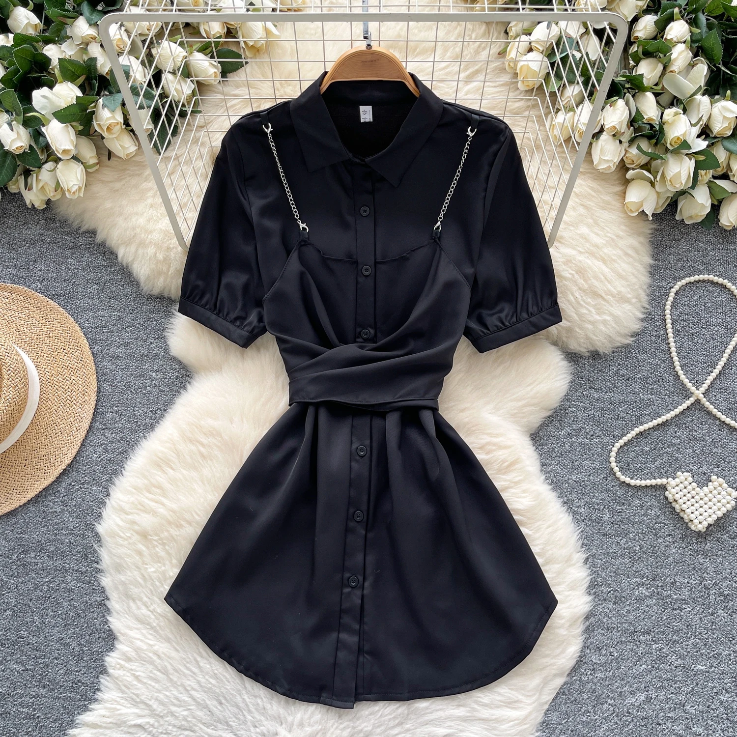 Verão mancha camisa vestido feminino temperamento cor sólida cruz bandagem manga curta casual vestidos curtos viajando roupas femininas