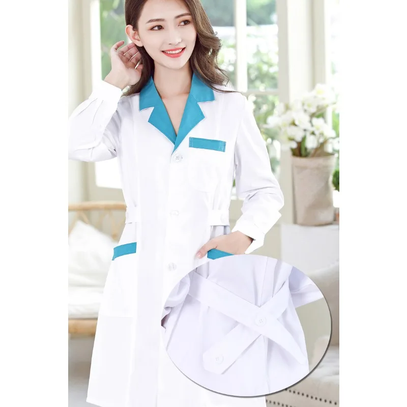 ملابس الصيدلة معطف أبيض طويل الأكمام القصيرة طبيب أنثى ممرضة صيدلية معطف أبيض طبي