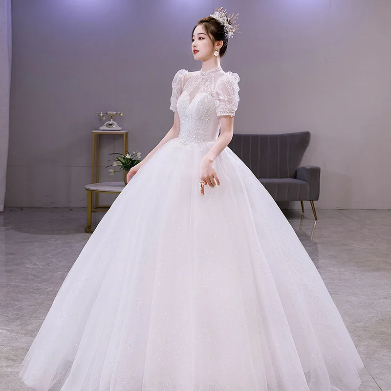 Bride dresses Wedding Dress with Short Sleeves puff Veil White lace Princess style prom gown H223