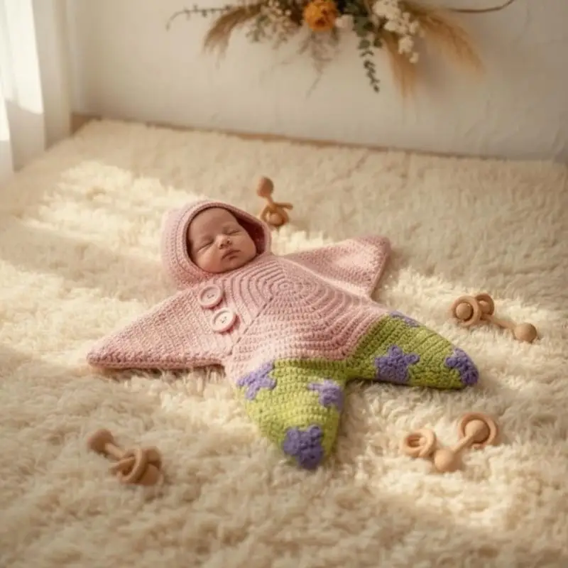 Star Pattern Handmade Crochet Newborn Swaddle Outfit Gentle Soft Hooded Set for Infant Daily Care & Photoshoot