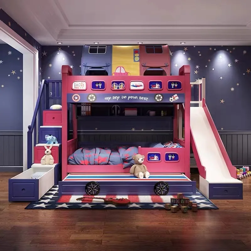 Children's bunk car shape bunk bed high and low bed boy mother and child solid wood space saving furniture combination bed