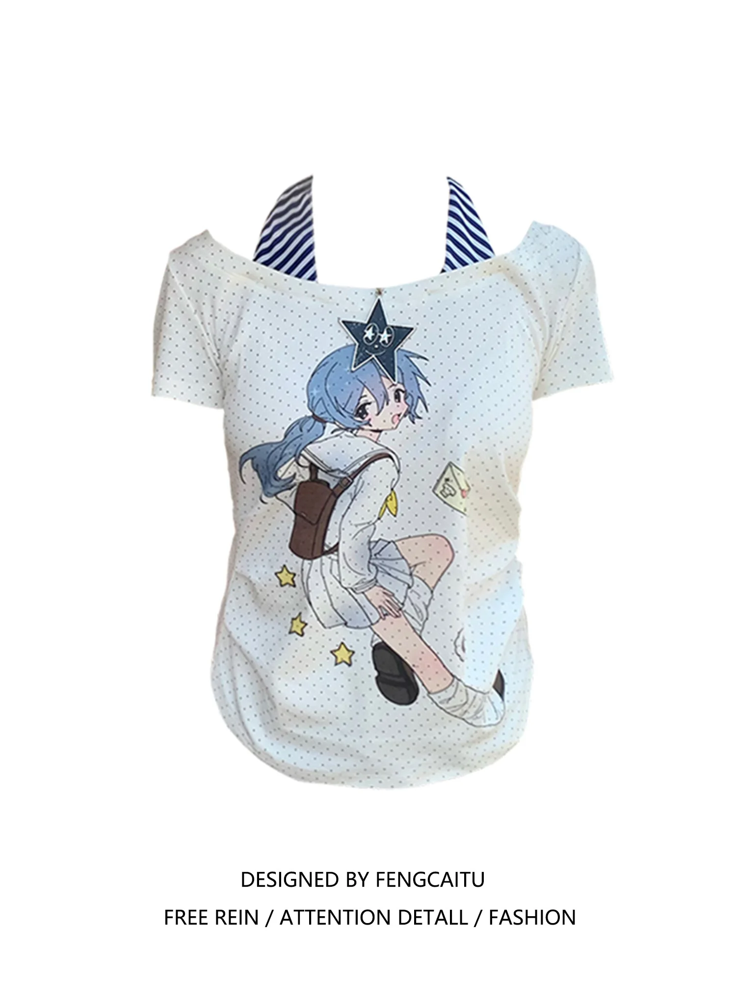 

Женская футболка с забавным мультяшным принтом в горошек ort Sve, летний облегающий топ для девочек, белый комплект из двух предметов