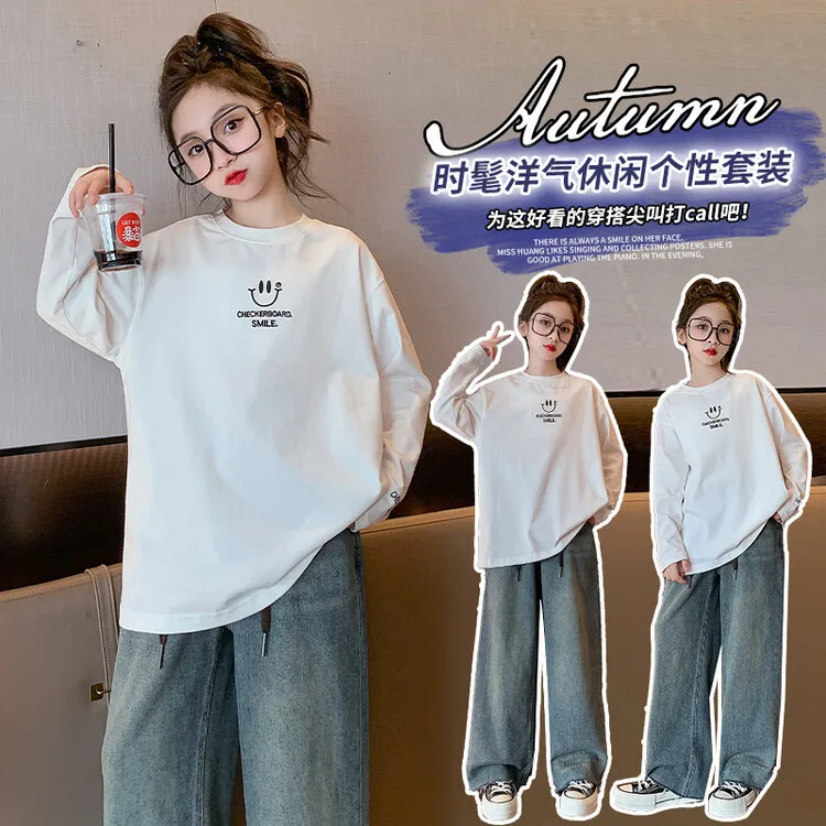 

Girls' Spring and Autumn Clothing 2024 New Medium and Large Children's Korean Children's Clothing White T-shirt Basement