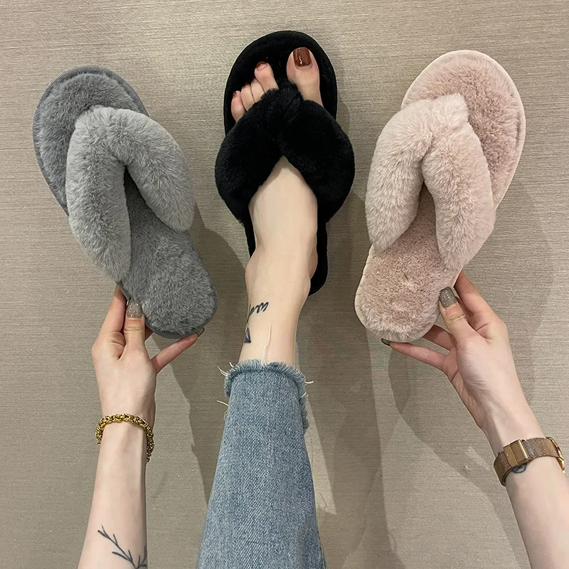 Nieuwe Dames Winter Harige Snoep-Gekleurde Konijn Haar Slippers Comfortabele Snoep-Gekleurde Huis Schoenen Vrouwen Lage Hakken Pluche Katoenen Slippers