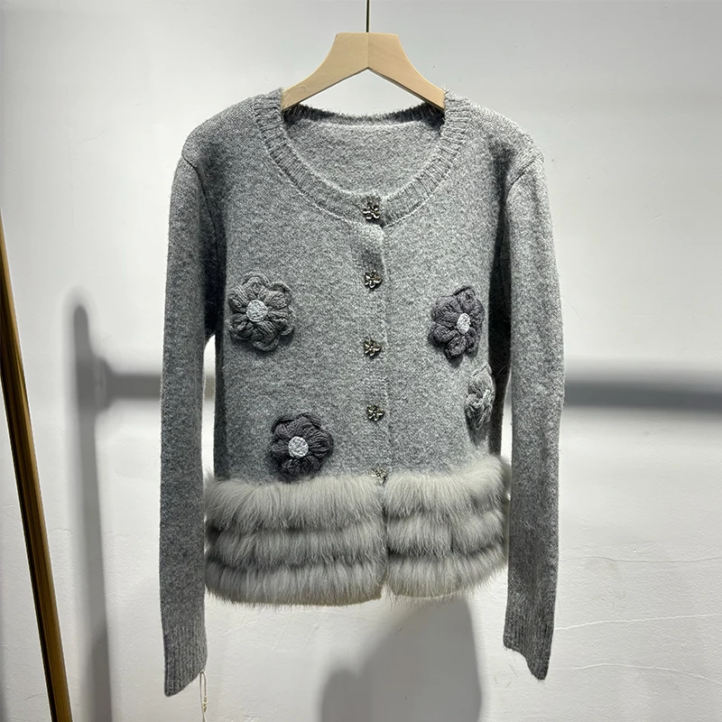 2025 여성 겨울 두꺼운 리얼 폭스 퍼 여성 패션 가을 스웨터 니트 싱글 브레스티드 코트