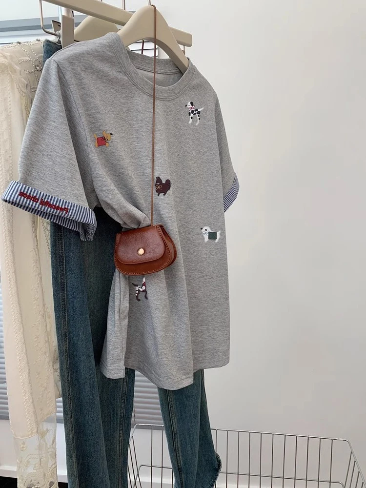 한국 스타일 안티에이징 만화 강아지 스플라이싱 반팔 티셔츠 유니섹스 여름 디자인 심플 매치 숄더 트렌디 탑