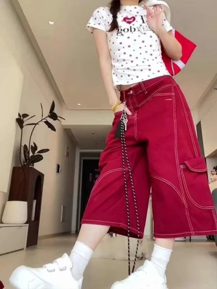 パンツ 26ss / joonejoonam text cropped pants M Summer Red Washed Loose Multi-pocket Denim Cropped Pants Women