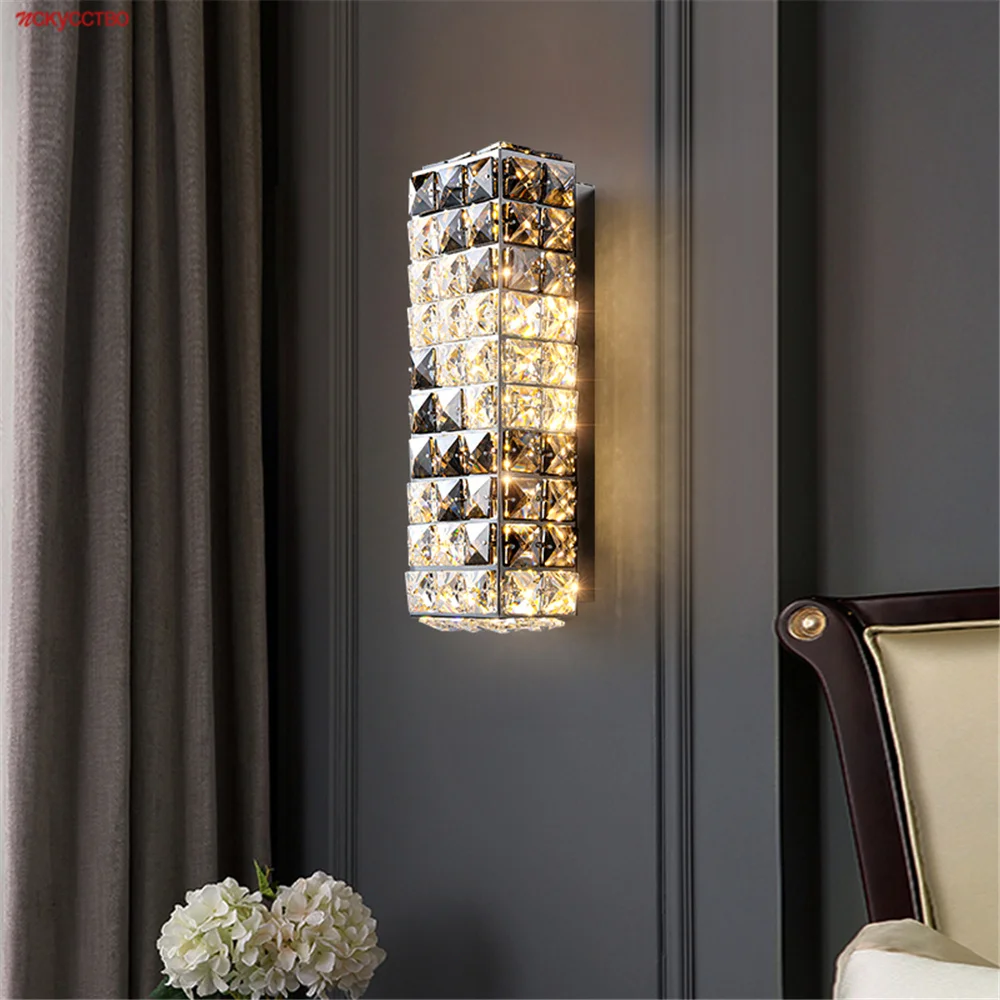 Modern Luxury K9 Crystal Led Wall Lamp For Living Room Tv Background Grille Loft Villa Corridor Stairs Sconces Lighting Fixtures