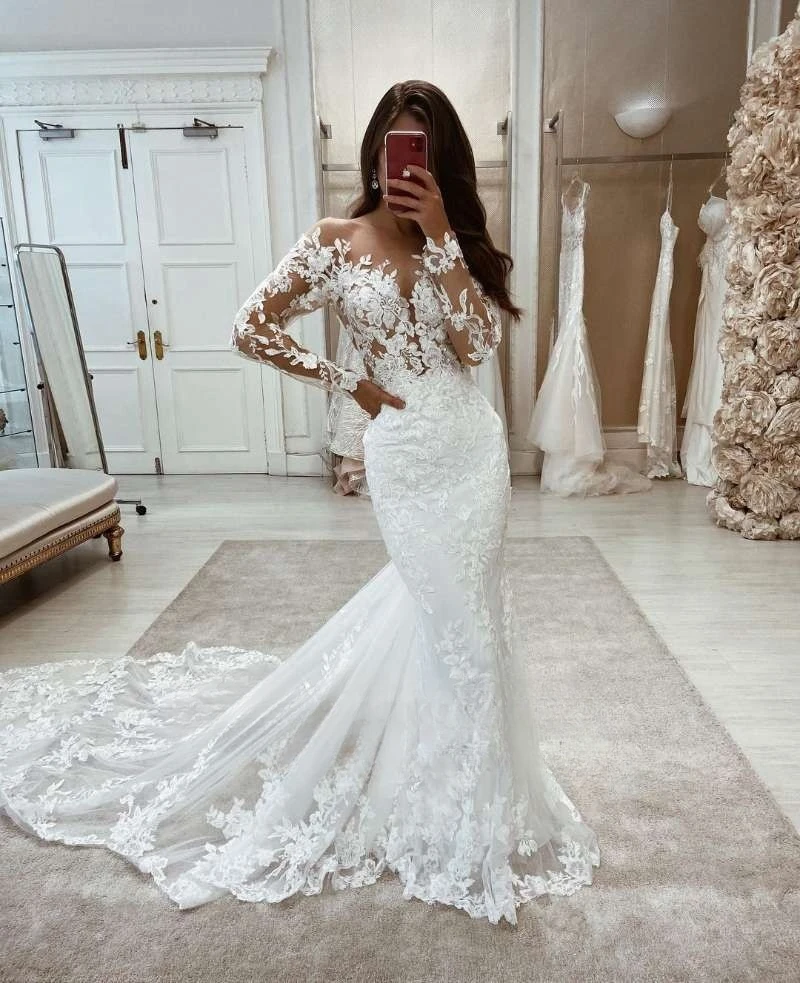 

Lorencia Elegant Boho Wedding Dress Mermaid Long Sleeves 3D Lace Appliques Bride Dress Sexy Bridal Gown Vestidos De Novia YMW154