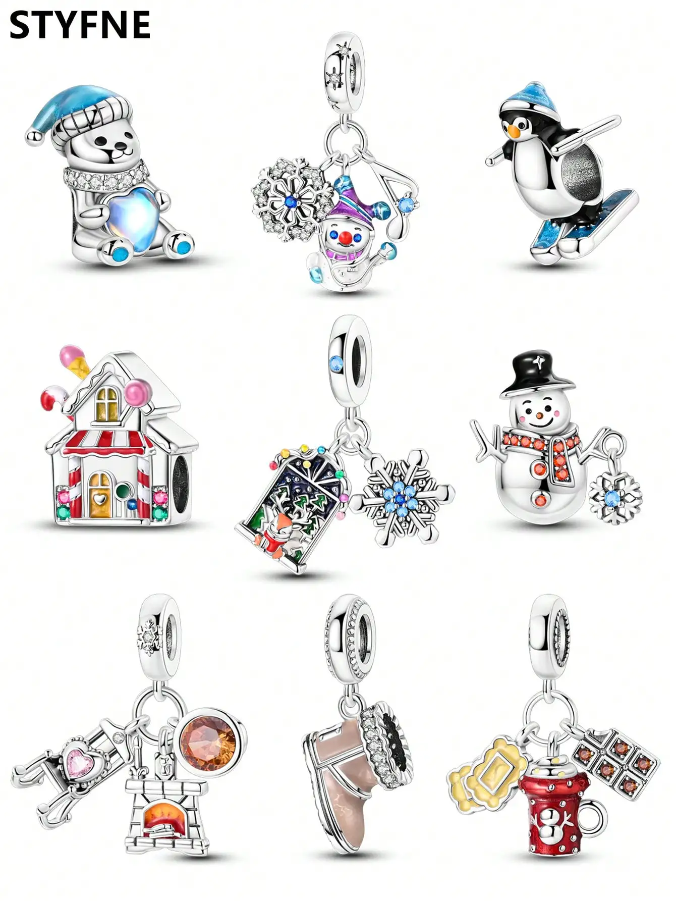 925er Silber vergoldet, Original-Weihnachtsbär, Schneemann, Pinguin-Perlen, passend für Armbänder, Damenschmuck, Geschenk