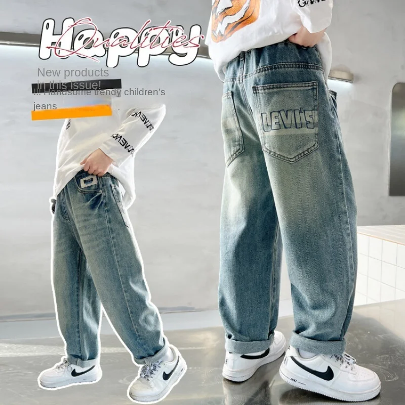 Patchwork Jeans For Big Boys Letter Print Trousers Spring Autumn Boys Pants Child Baggy Wide-Leg Clothes Teenager For6-15y