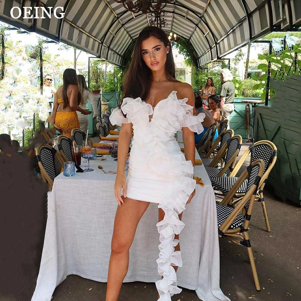 

OEING Sexy White Mini Prom Dresses Simple Off The Shoulder Ruffles Evening Party Dress Short Event Cocktail Beach Gowns Gala