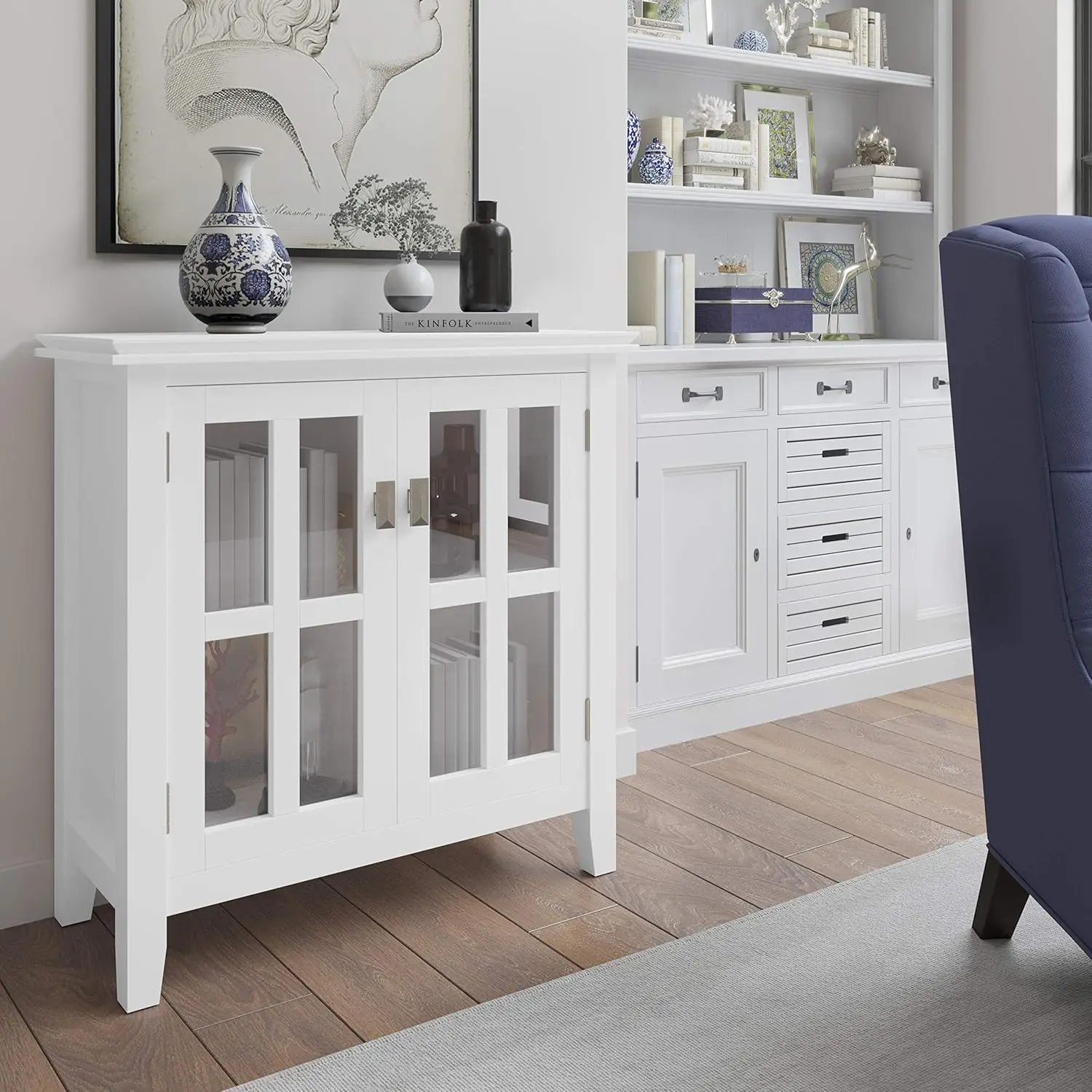 30 inch Wide Transitional Low Storage Cabinet in White, with 2 Tempered Glass Doors